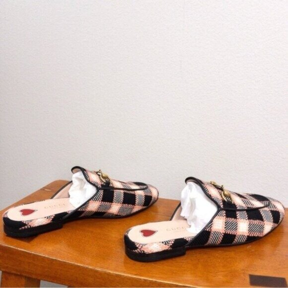 NIB Gucci Princetown Bit Logo Loafer 36 Fancy Tweed Damier Black Pink Mule Slide - Picture 6 of 14